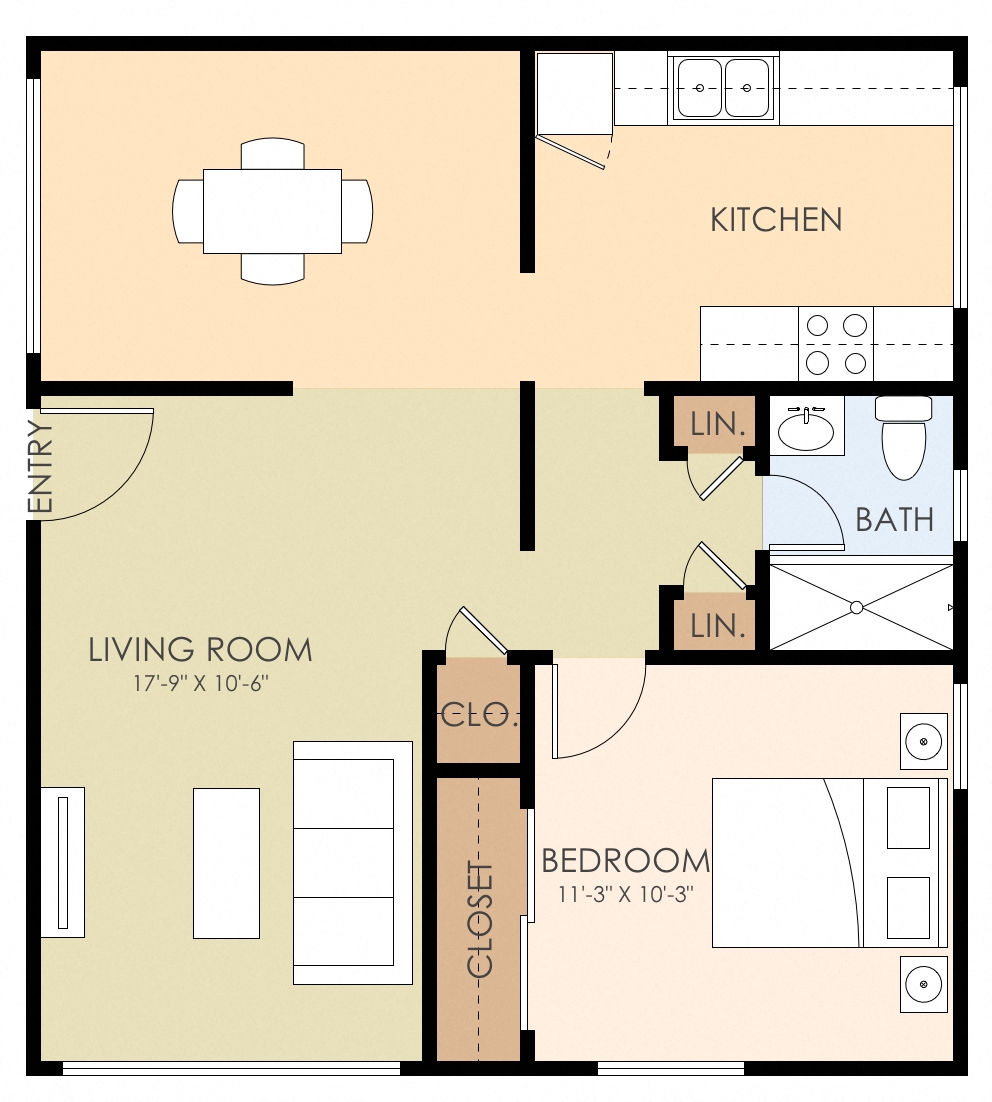 Floor plan for 1 bed, 1 bath, 656 sqft